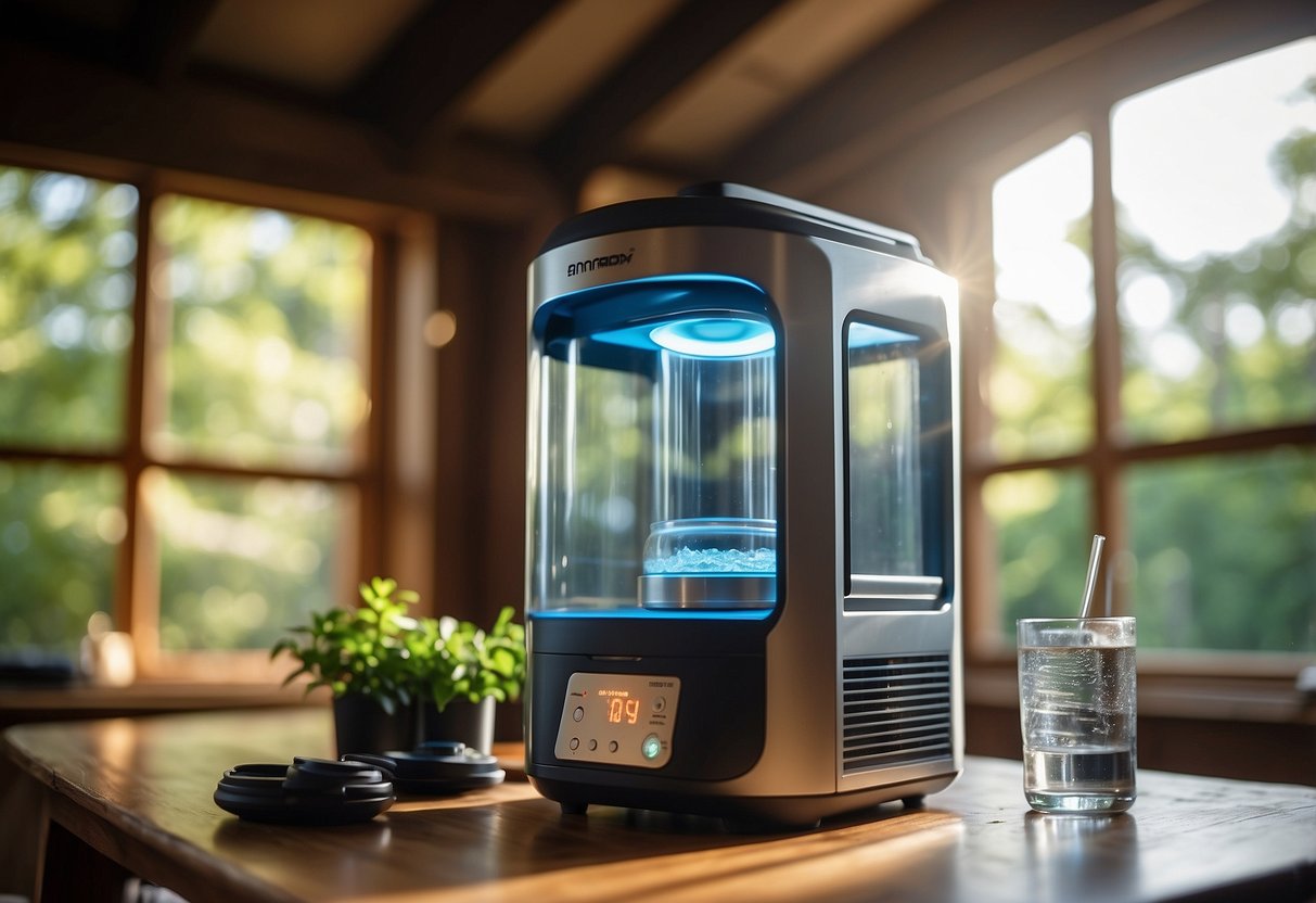 A UV light purifier sits on a rustic wooden table surrounded by bird watching gear and a clear glass of water. Sunlight streams in through the window, casting a warm glow on the scene