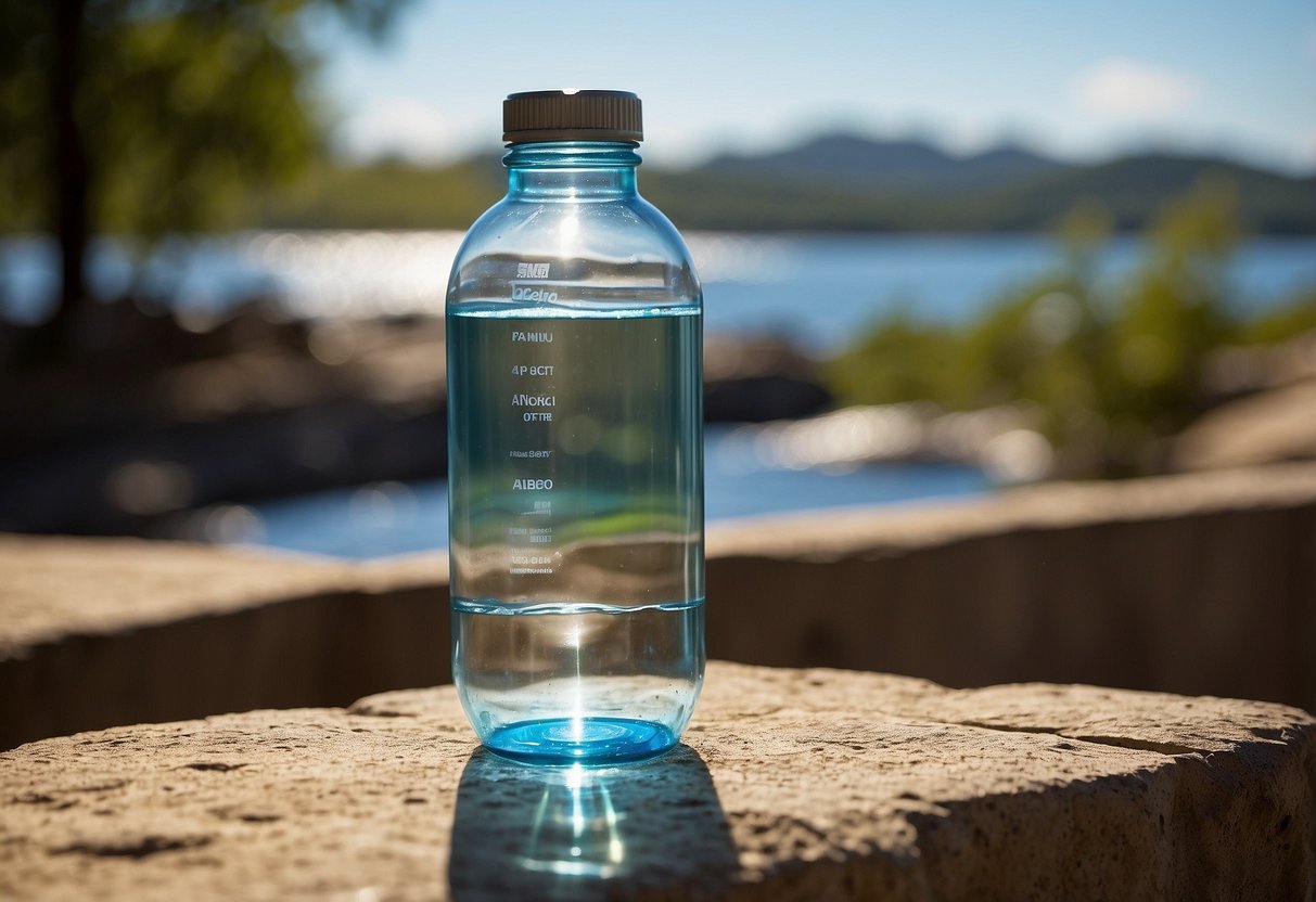 A clear plastic water bottle sits on a sunny ledge with water inside. The sun's rays pass through the water, purifying it using solar disinfection