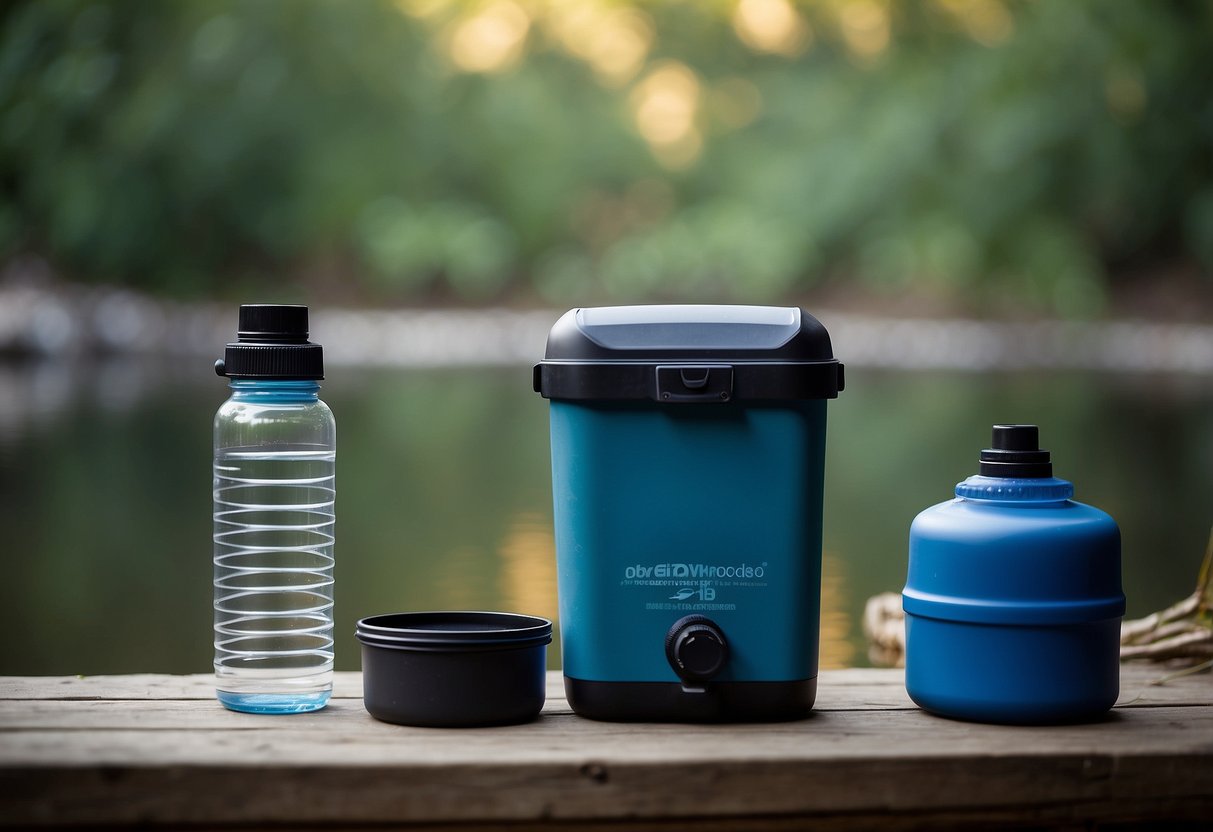 A collapsible water container sits next to a birdwatcher's gear, surrounded by various water purification methods