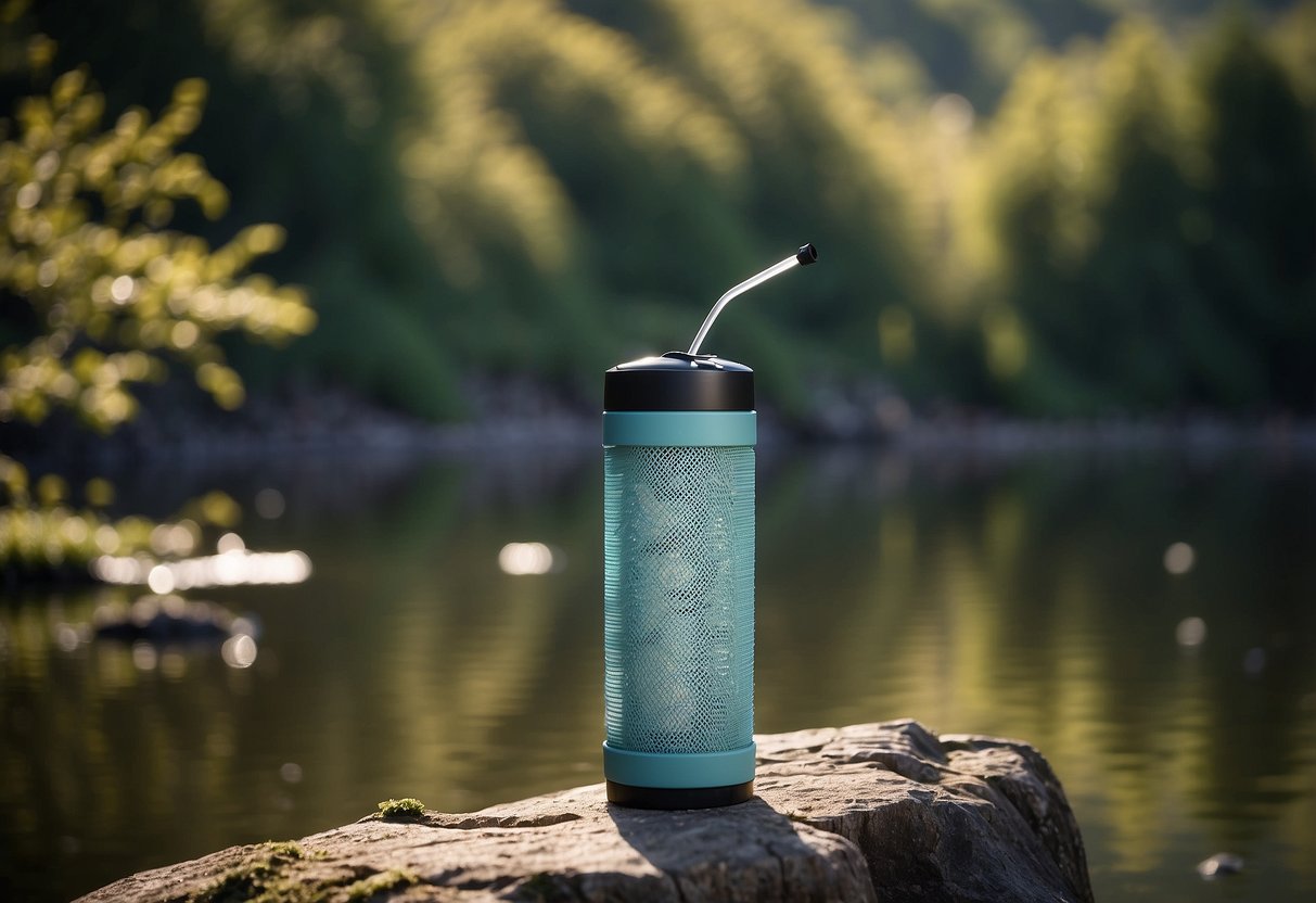 A water straw filter in use near a tranquil birdwatching spot