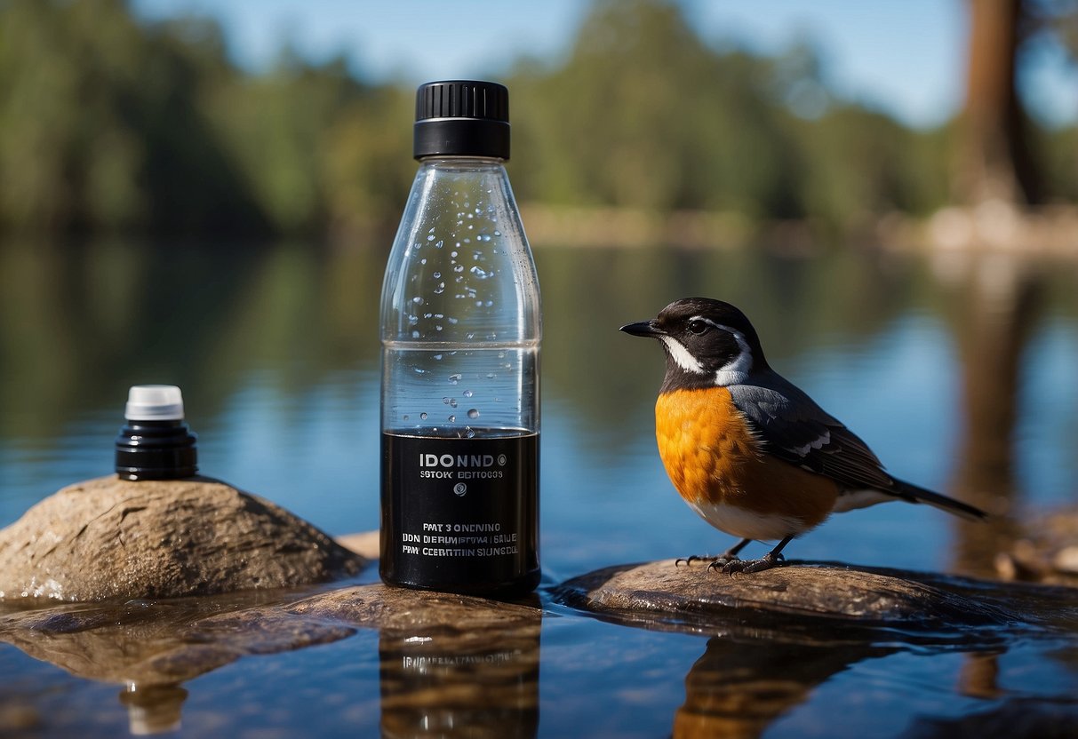 Iodine solution drops into water bottle amidst bird watching gear