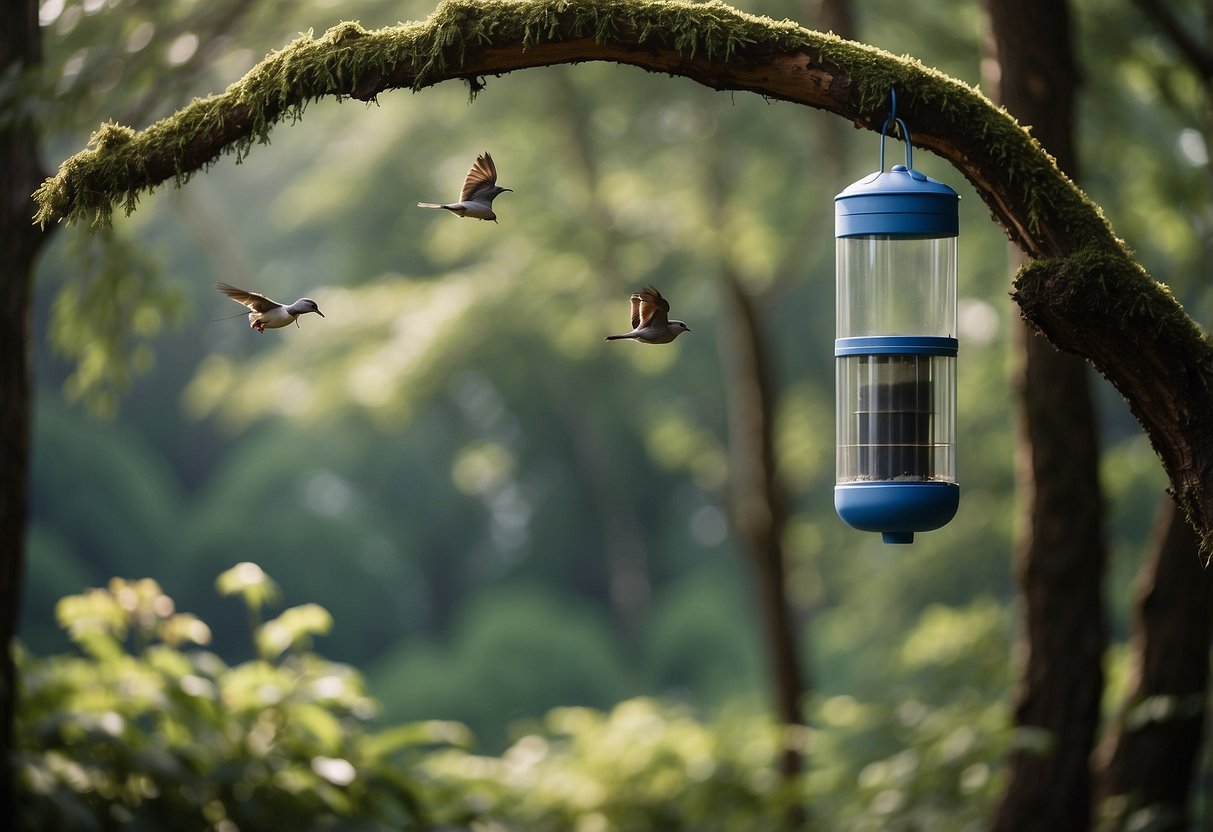 A gravity water filter hangs from a tree, surrounded by birds and a tranquil forest setting