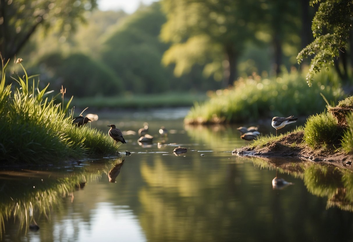 A tranquil pond with a variety of birds perched on the surrounding trees, while a small stream flows into the water, representing potential contamination