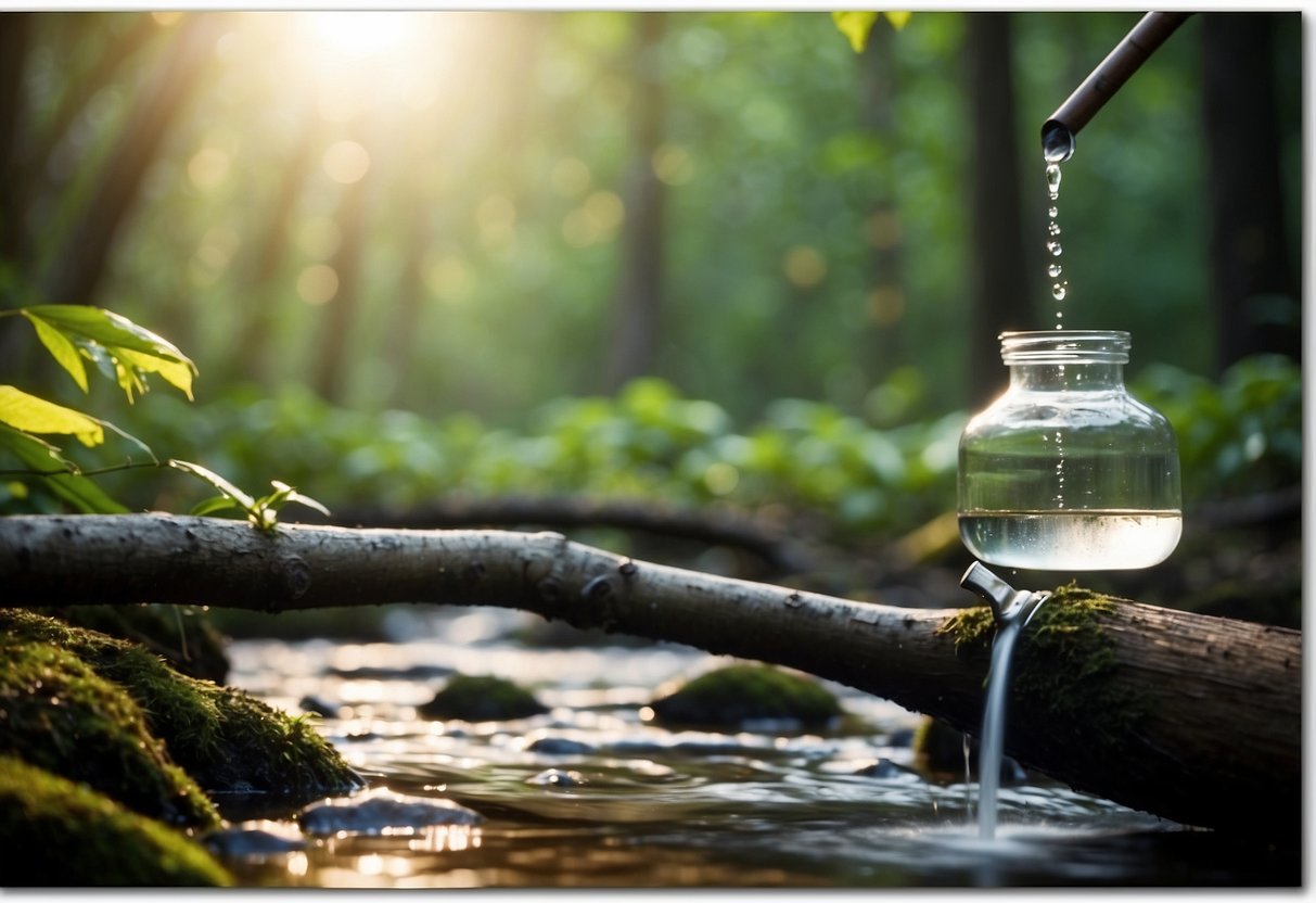 A bubbling stream flows through a lush forest. A makeshift water filter hangs from a tree branch, while a small fire heats a pot for boiling water. A person watches birds nearby