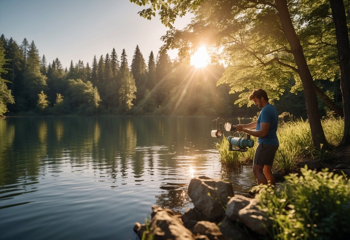 A person sets up a water filtration system near a tranquil lake, surrounded by lush trees and chirping birds. The sun is shining, and the water is clear and inviting