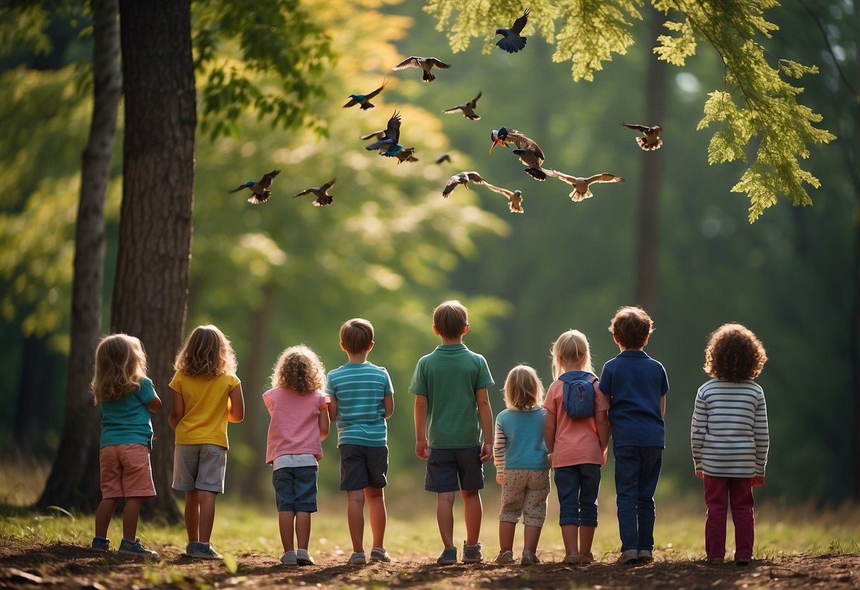 A group of children and adults stand quietly in a forest clearing, binoculars in hand, as they observe a variety of colorful birds flitting from tree to tree