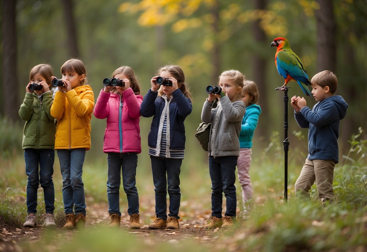 A group of children and adults are quietly observing a variety of colorful birds in a natural setting. Binoculars and field guides are scattered around as the group points out different species