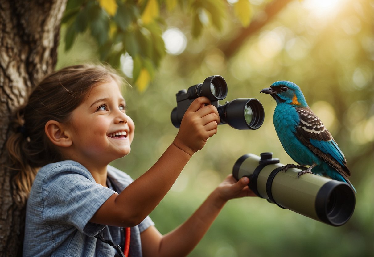 A child points excitedly at a colorful bird in a tree while holding a pair of binoculars. A parent looks on with a smile, holding a field guide open to a page about bird identification