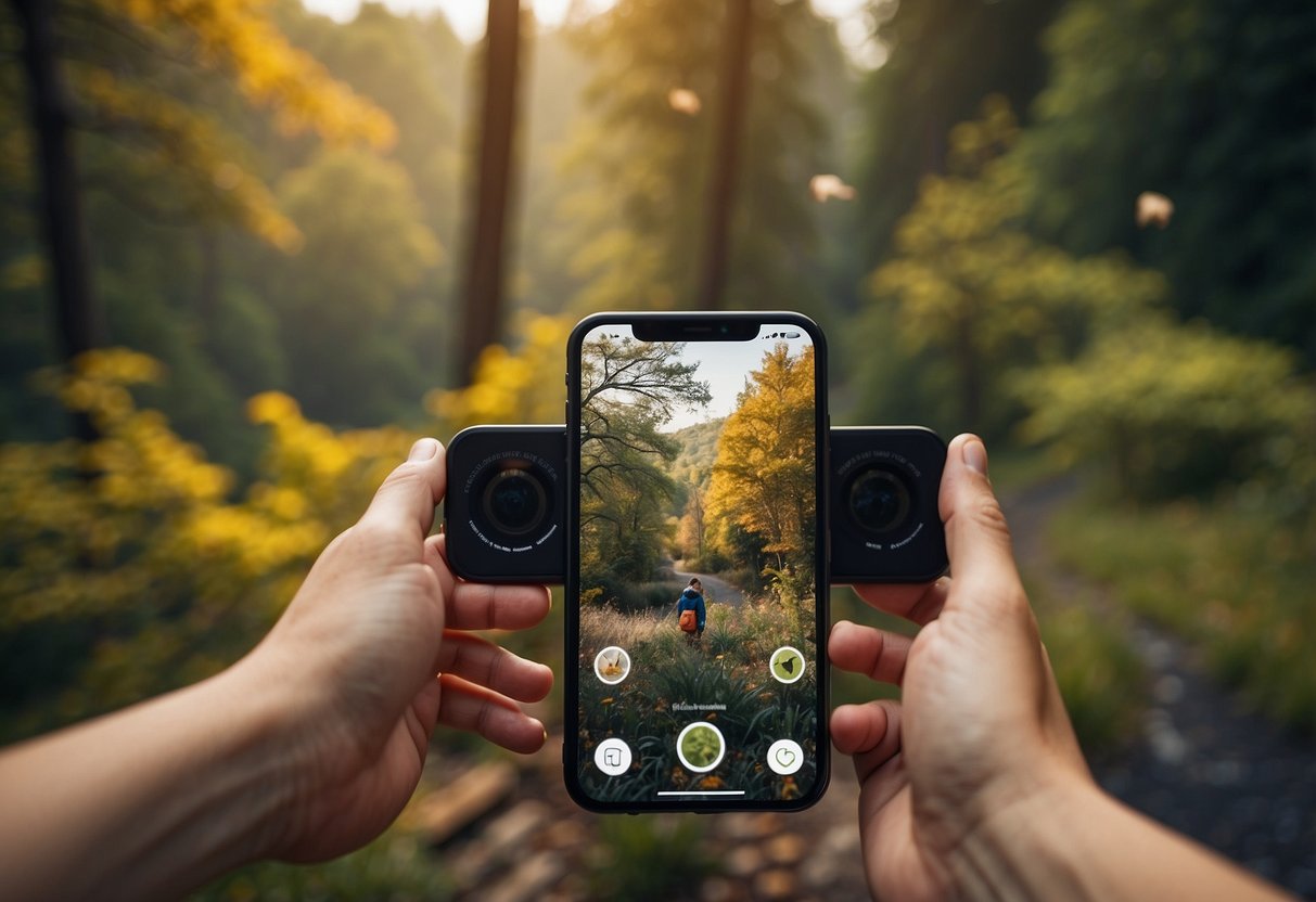 Birdwatching app open on phone, kids pointing at colorful birds in trees, binoculars hanging from neck, nature trail in background