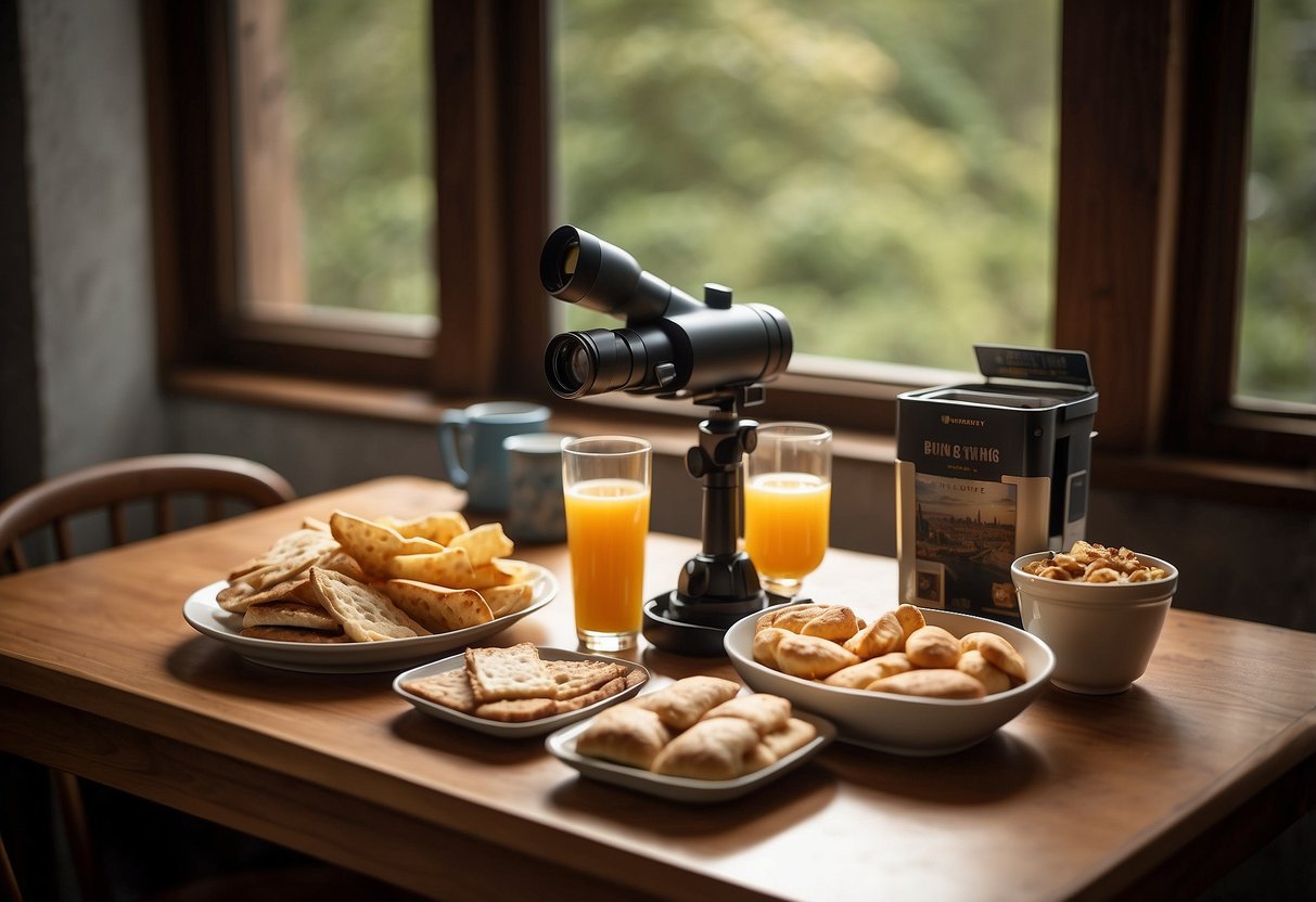 A table set with snacks and drinks, bird watching guidebook, binoculars, and a map. Child-sized chairs and a bird feeder outside the window