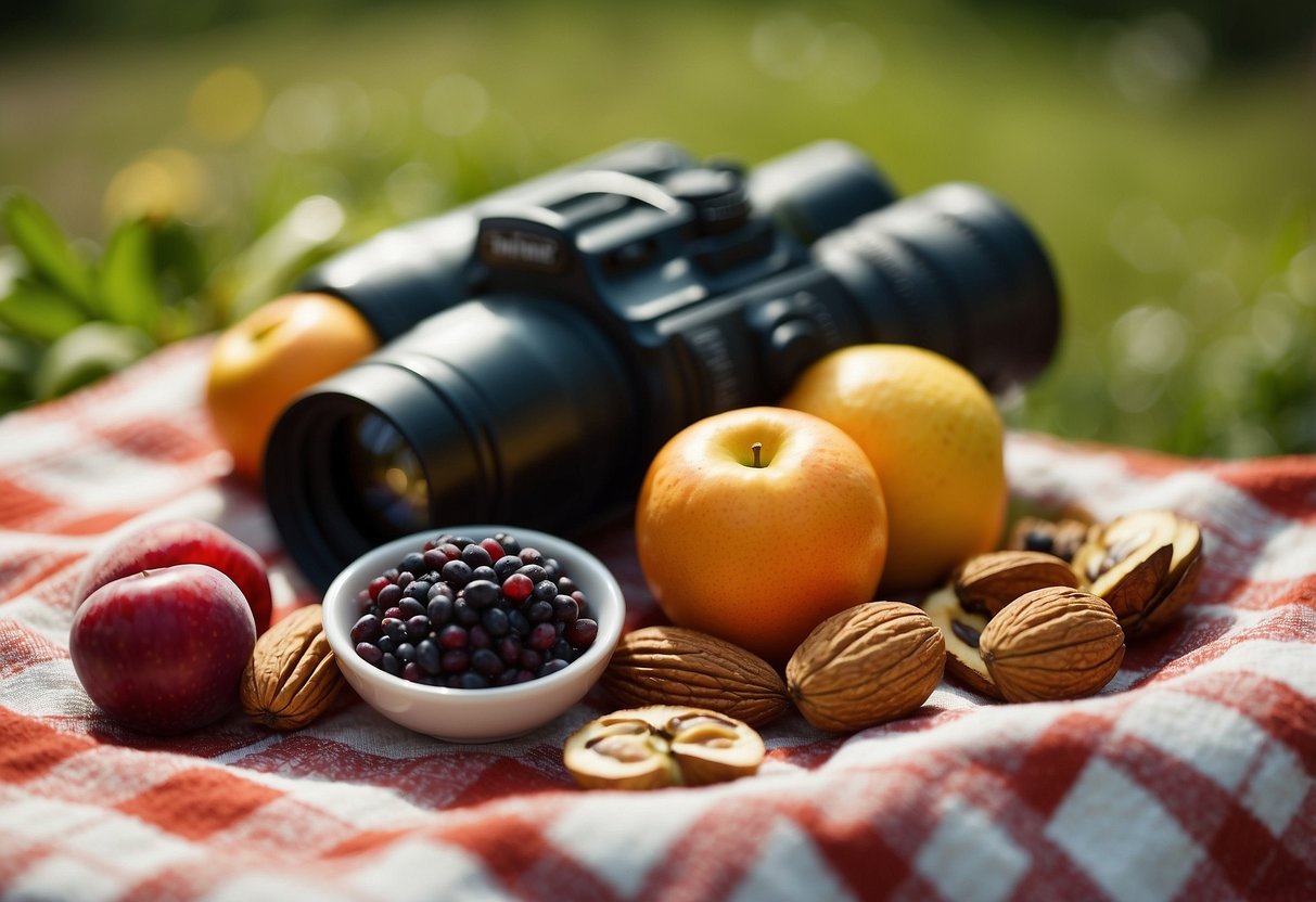 A picnic blanket spread with assorted fruits, nuts, and seeds. A pair of binoculars rests nearby, ready for a bird watching adventure