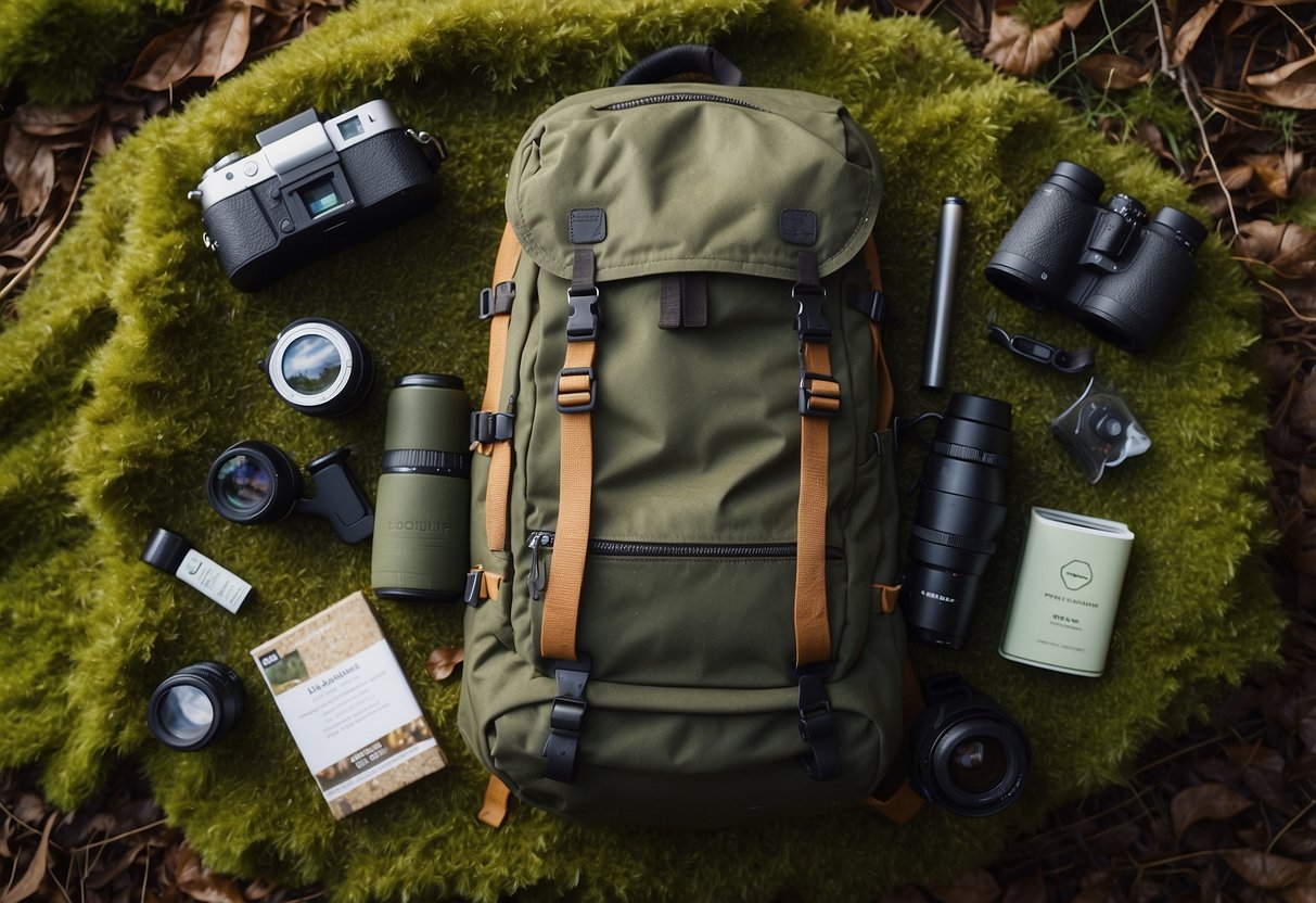 A birdwatcher's backpack with granola bars, binoculars, and a field guide laid out on a mossy forest floor