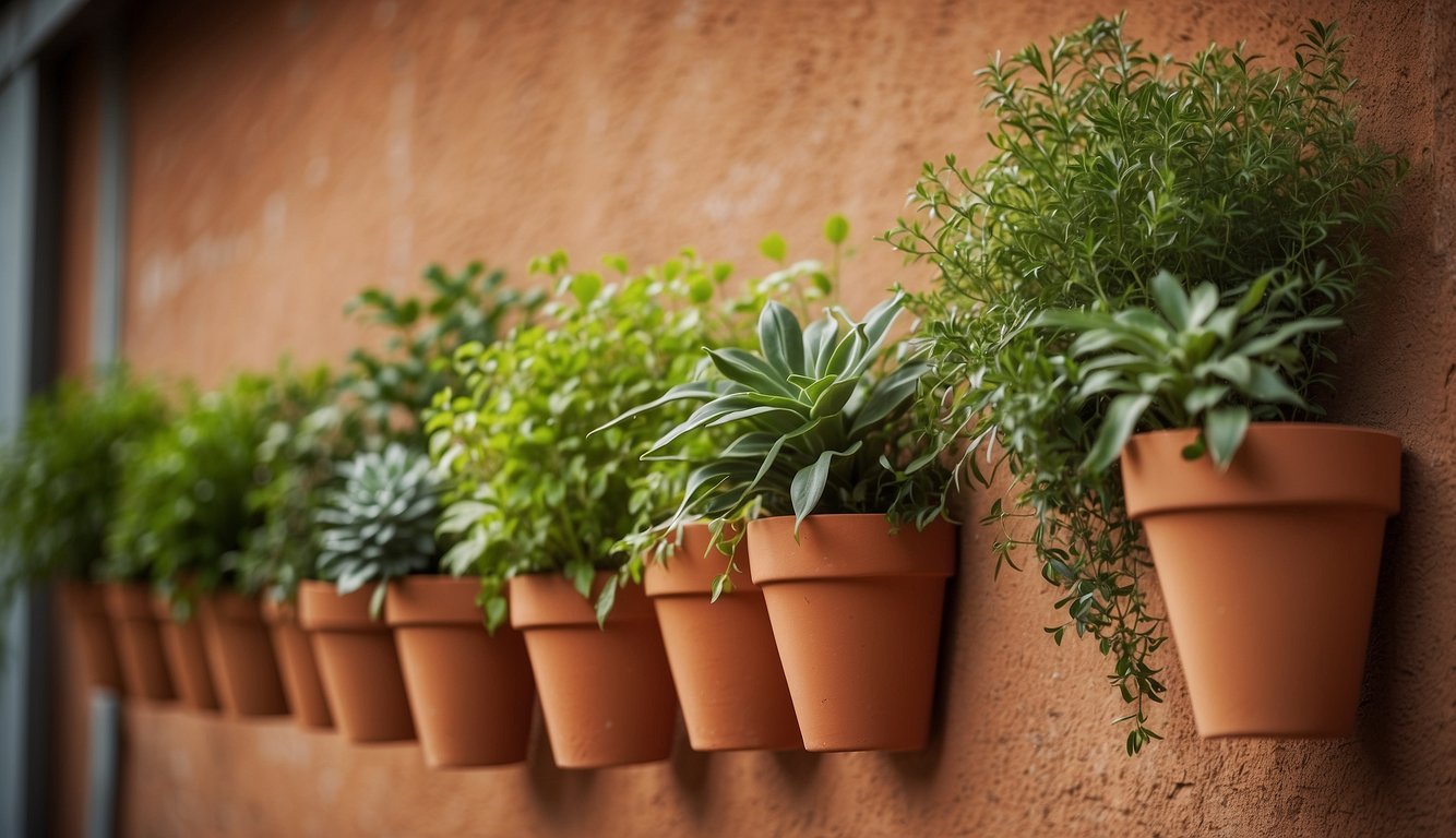 Several terracotta wall pots hang in a row, each filled with vibrant green plants. The pots are various sizes and shapes, adding visual interest to the scene