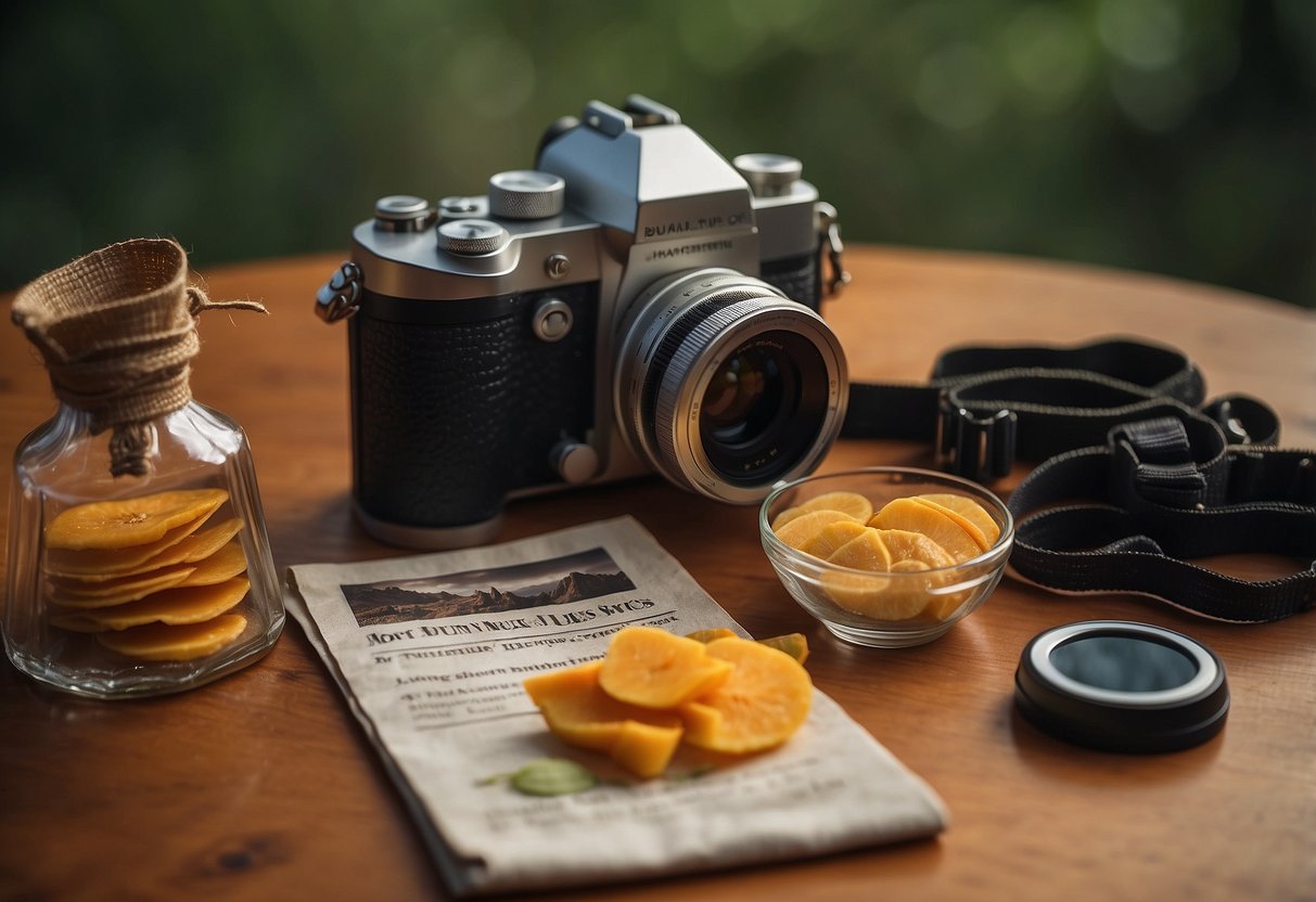 A small bag of dried mango slices sits next to binoculars and a field guide on a nature-themed table
