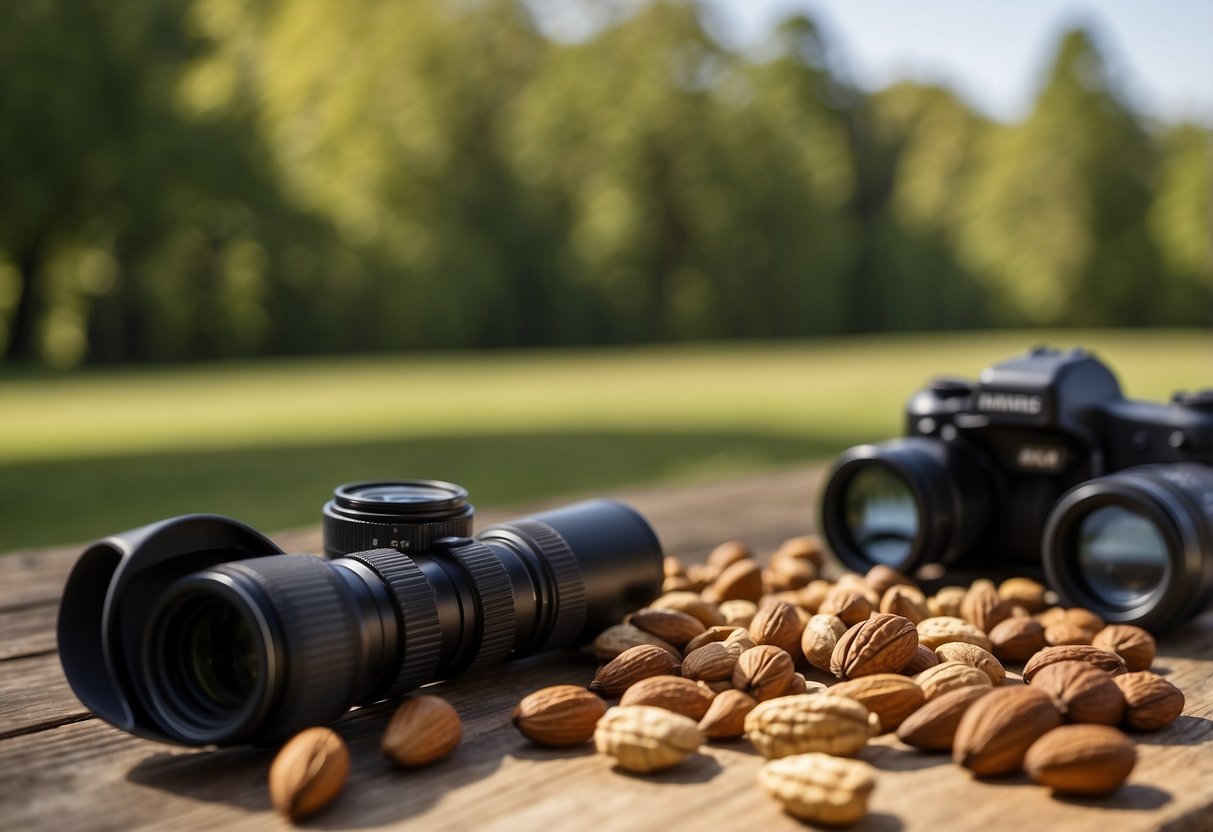 A variety of mixed nuts scattered on a lightweight, portable table next to a pair of binoculars and a field guide, with a backdrop of trees and birds in the distance