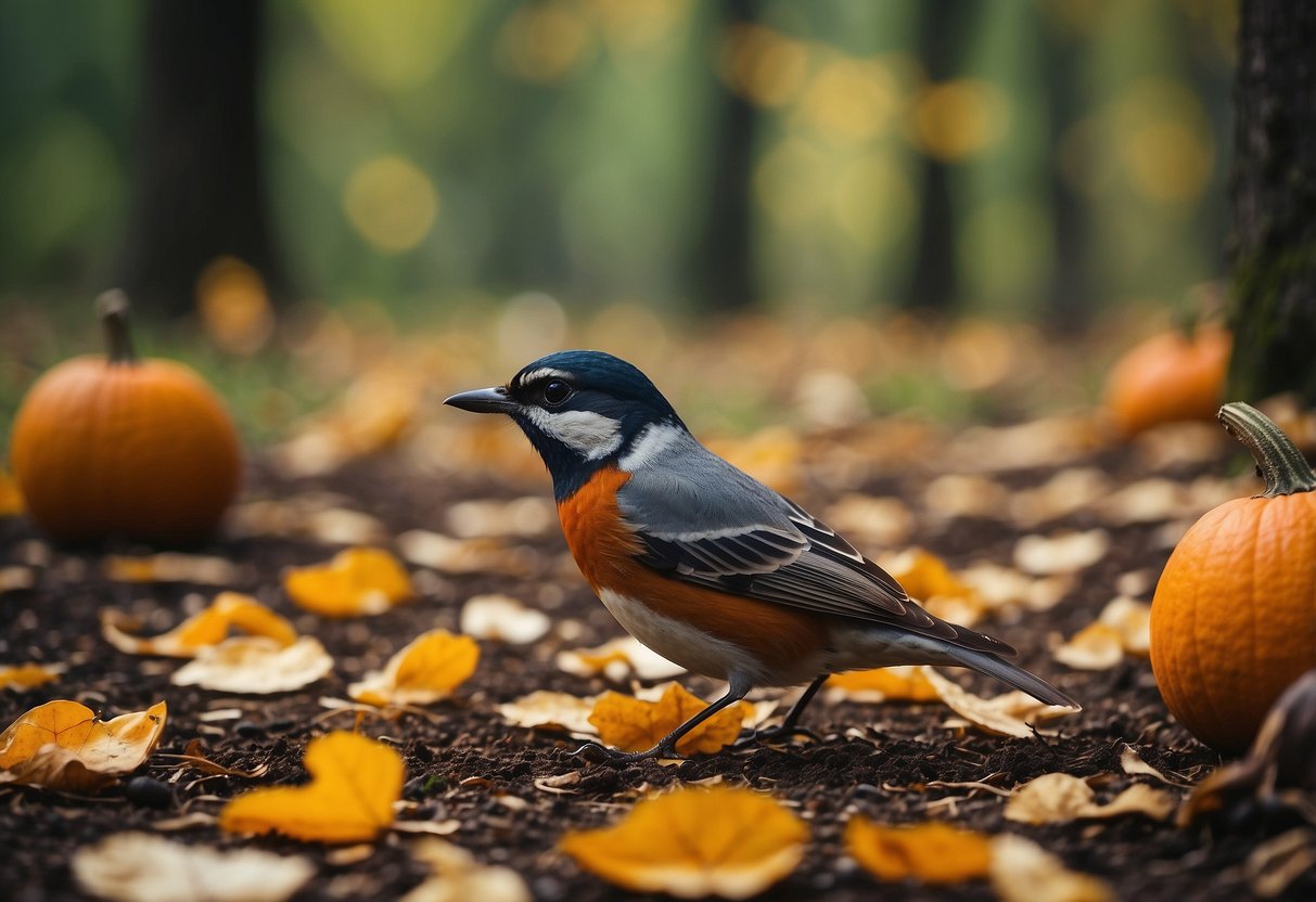 Birds pecking at scattered pumpkin seeds on a forest floor, surrounded by lightweight food options for bird watching trips