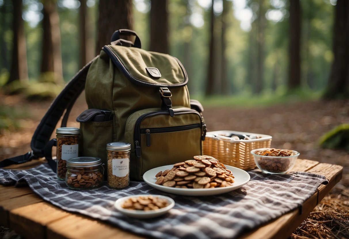 A birdwatcher's backpack with beef jerky, trail mix, and granola bars laid out on a picnic blanket in a serene forest clearing