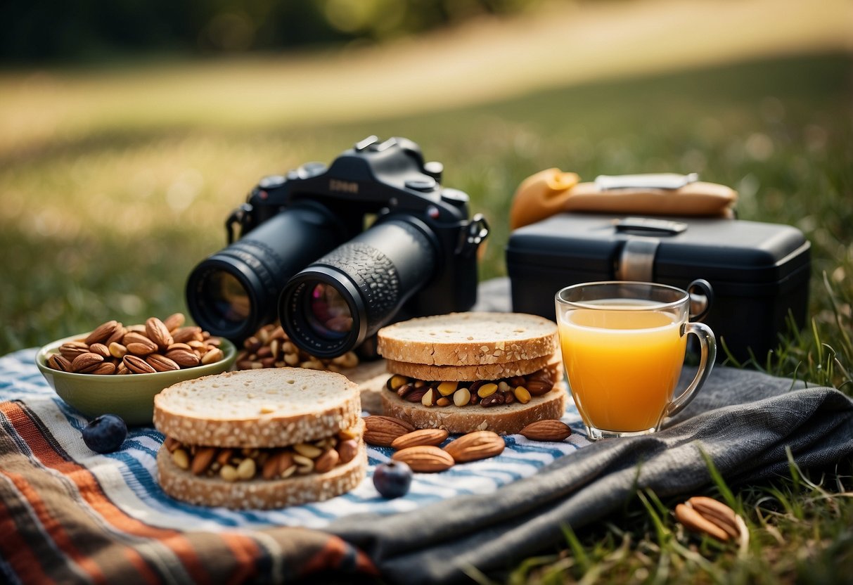 A picnic blanket spread with lightweight snacks like nuts, dried fruit, granola bars, and sandwiches. A pair of binoculars and a field guide lay nearby
