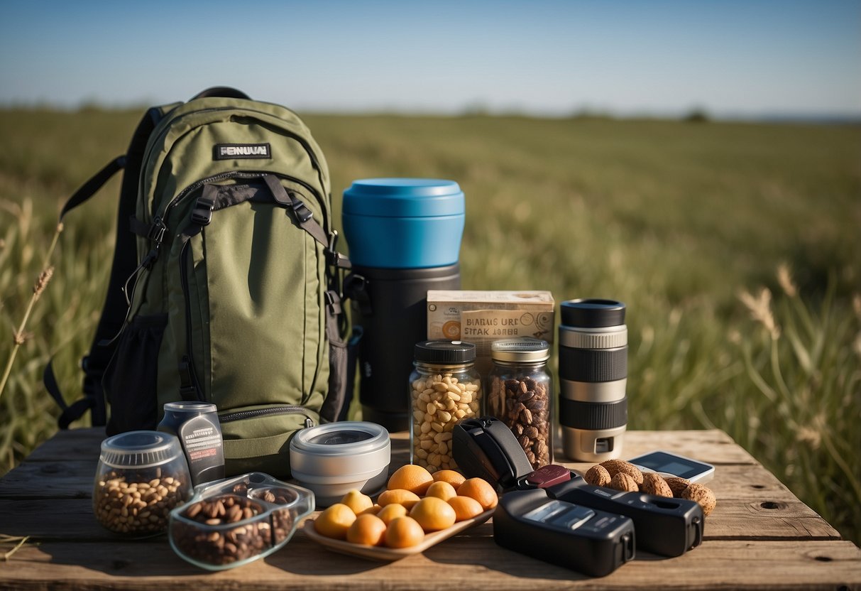 Bird watching scene: A backpack with lightweight food options like nuts, dried fruits, energy bars, and sandwiches. A water bottle and a small cooler to keep perishable items fresh. Binoculars and a field guide nearby