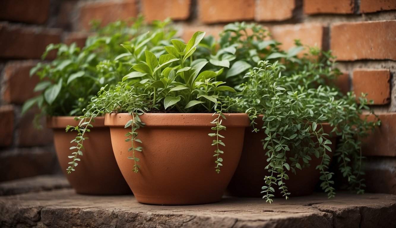 A terracotta wall pot hangs against a rustic brick wall, filled with vibrant green plants spilling over the edges. The warm, earthy tones of the pot contrast beautifully with the textured backdrop, creating a welcoming and natural ambiance