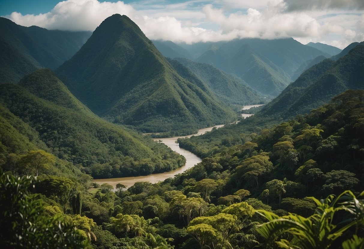 Lush rainforest with diverse bird species, winding river, and distant mountains in South America