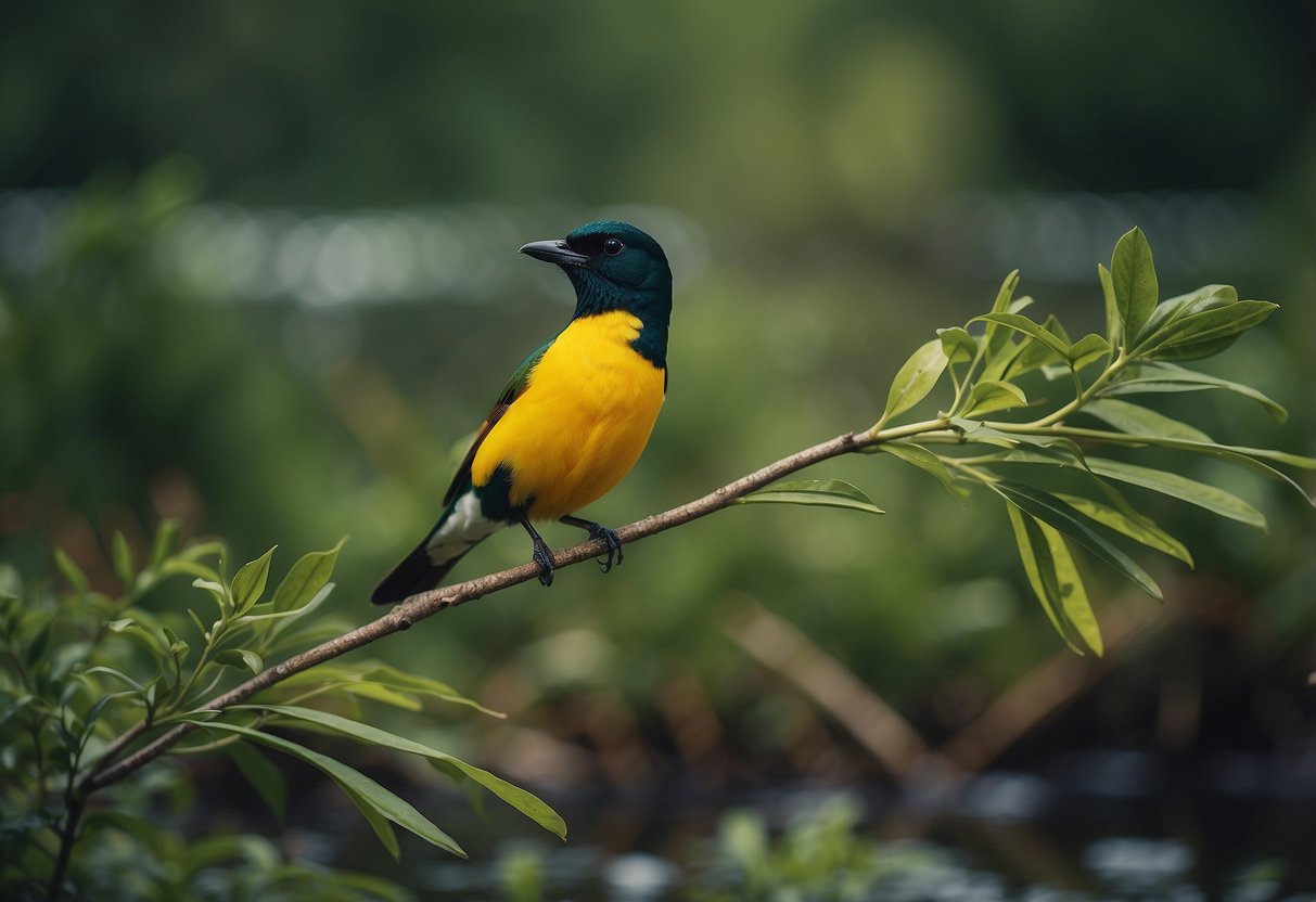 Lush wetlands teeming with colorful birds, winding river channels, and vibrant flora. A diverse array of avian species in their natural habitat