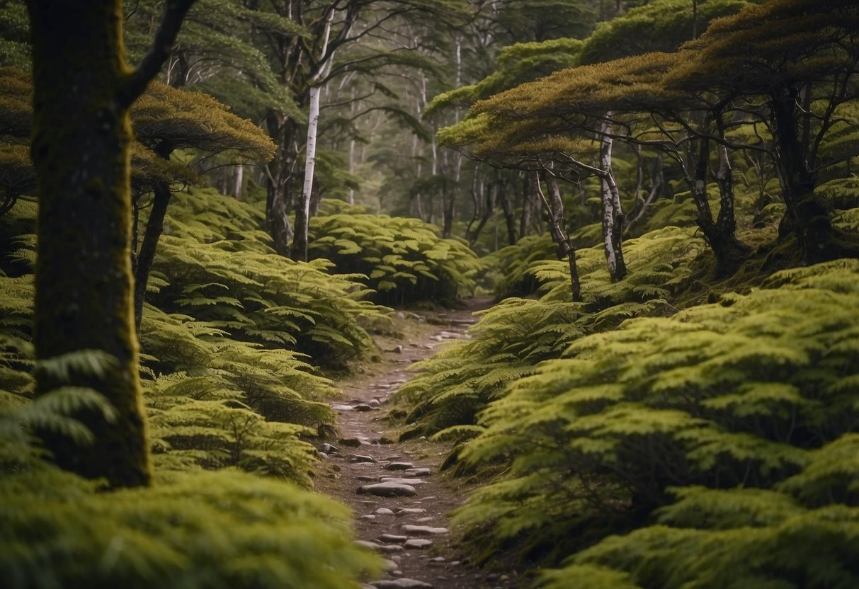 Lush forests and winding trails in Tierra del Fuego National Park, with diverse bird species in their natural habitat