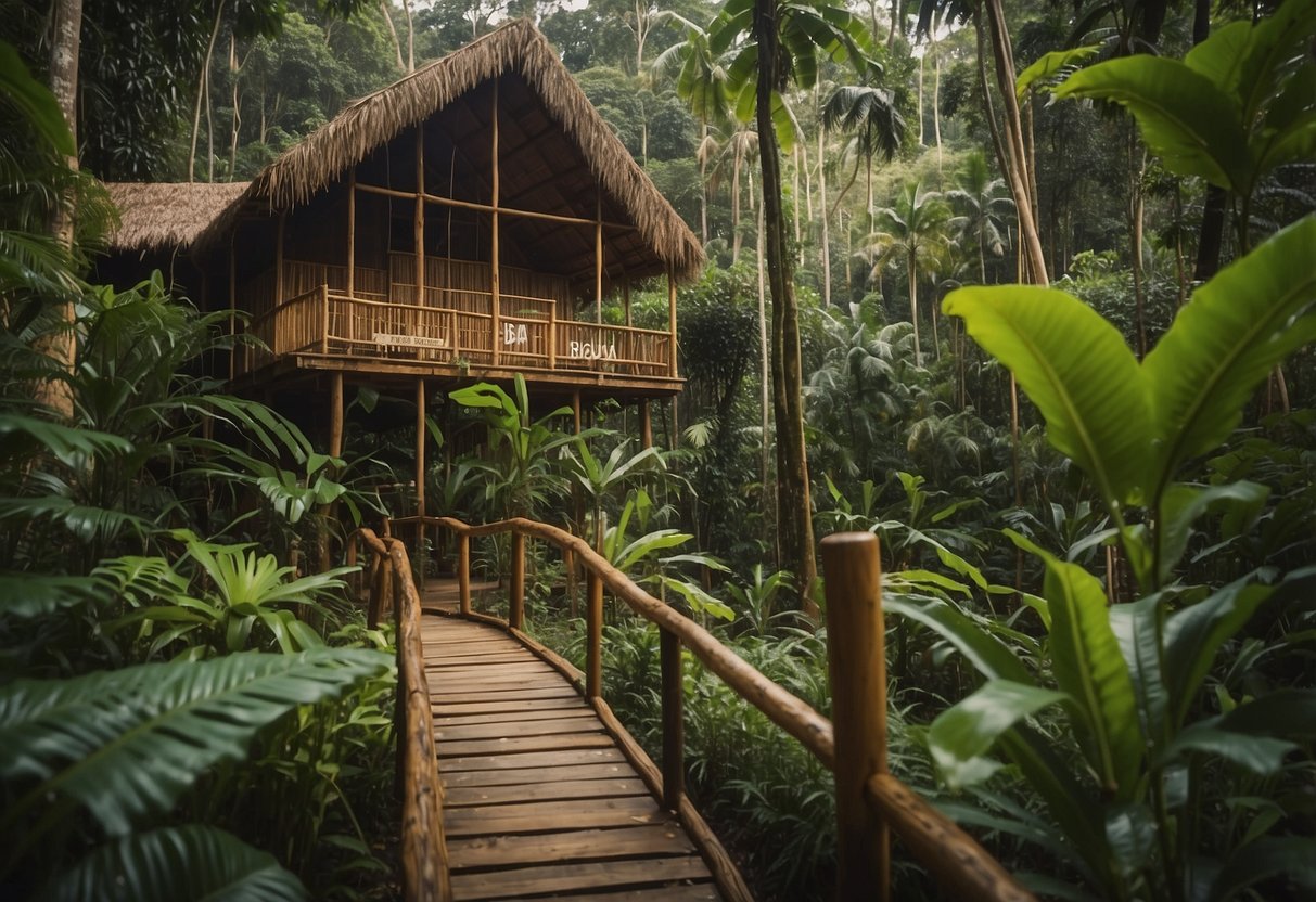 Lush rainforest surrounds a wooden lodge with a sign reading "Biguá Eco Lodge." Colorful birds flit through the trees, as a winding path leads into the wilderness