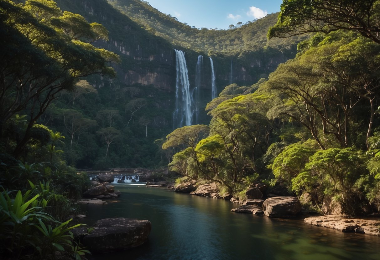 Lush rainforest with vibrant birds flitting among towering trees, winding rivers, and breathtaking waterfalls in Chapada dos Guimarães Birdwatching Circuit