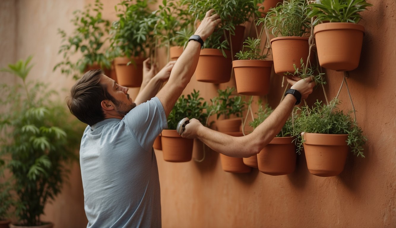 A person hangs terracotta wall pots, using a level for accuracy. They water the plants and ensure proper drainage