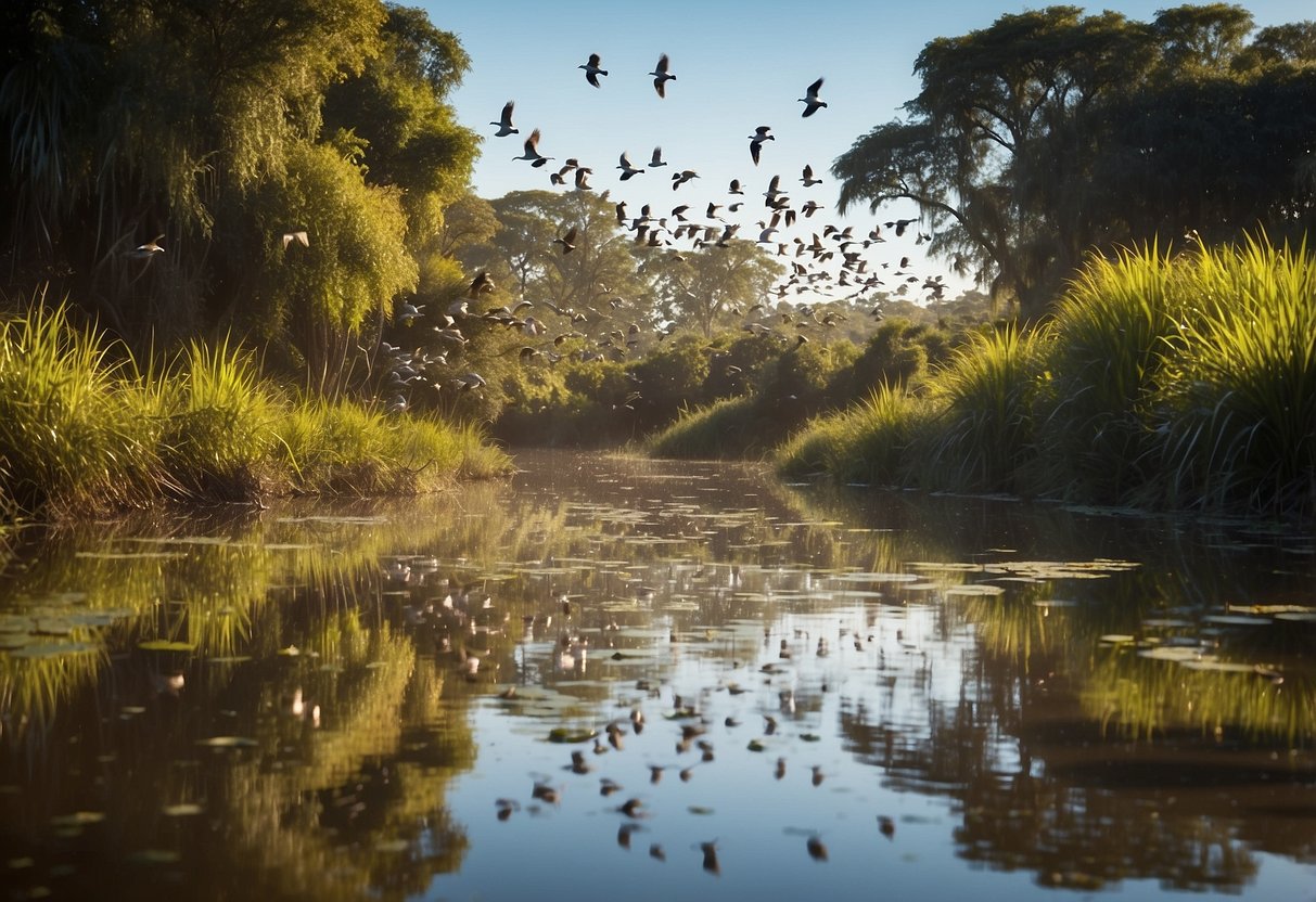 Birds flocking over lush wetlands in Colonia Carlos Pellegrini, South America. Diverse species in vibrant colors fill the sky