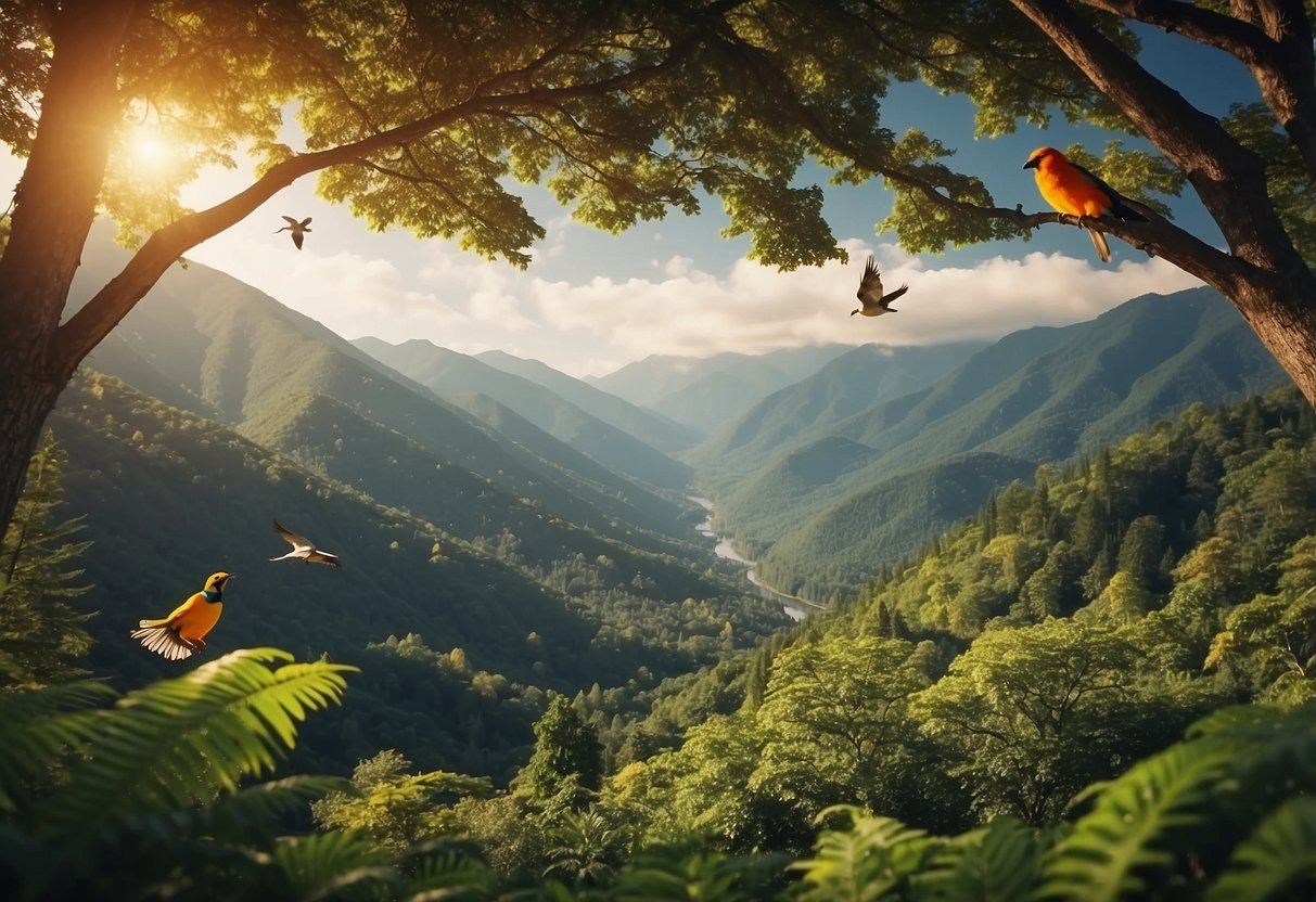 Lush forest with colorful birds flitting among the trees, mountains in the background