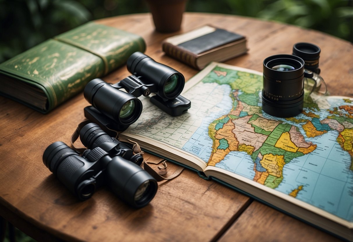 A table with binoculars, bird guidebooks, and a map of South America. Surrounding the table are lush green trees and colorful birds in flight