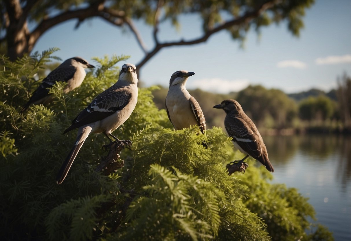 Birds perched on trees, water bodies, and grassy areas. Bird watchers using binoculars and cameras, practicing conservation etiquette. Rich South American landscapes with diverse bird species