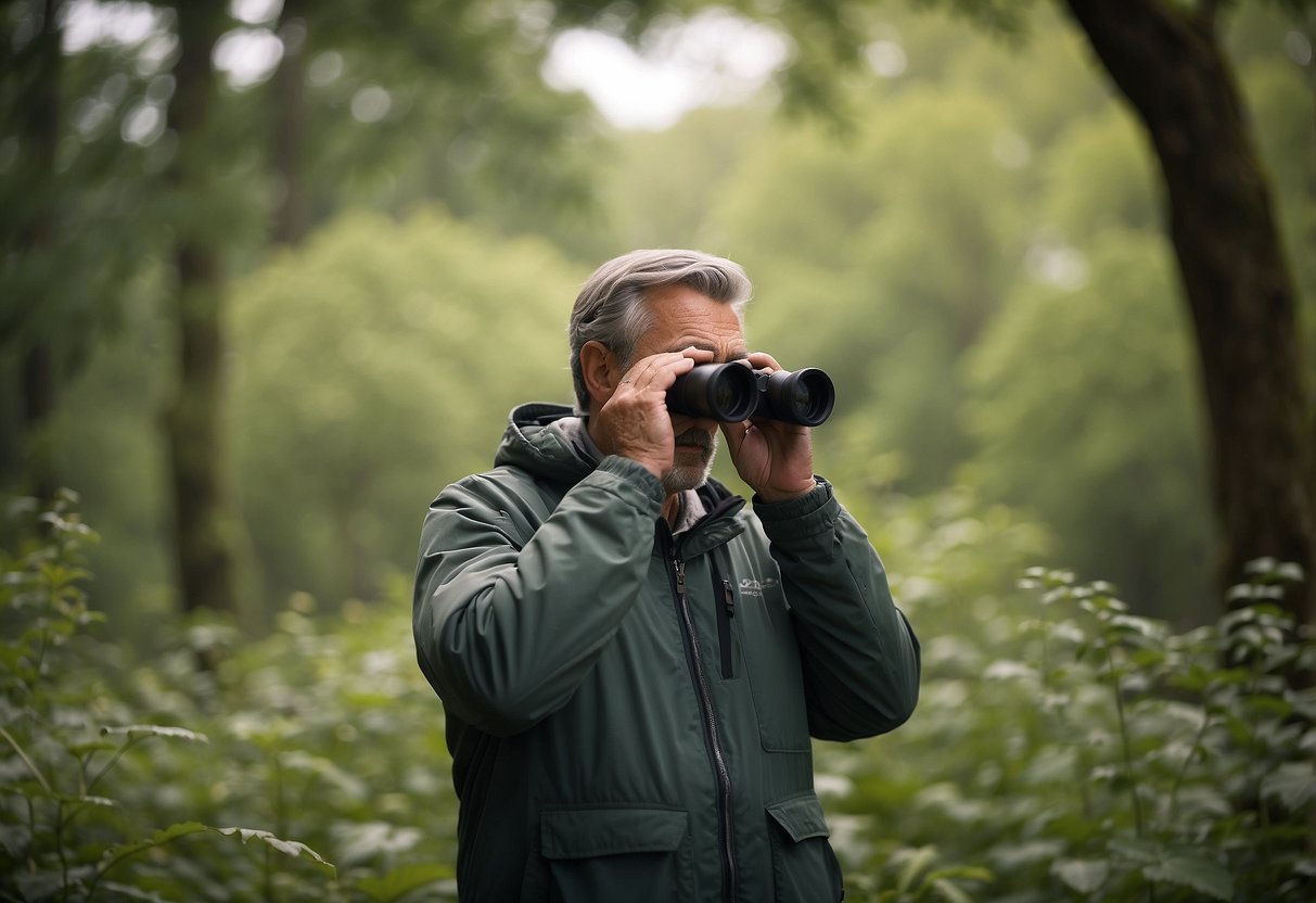 Birdwatcher calmly observes wildlife, maintains respectful distance, uses binoculars, avoids sudden movements, stays quiet, carries field guide, and respects natural habitats