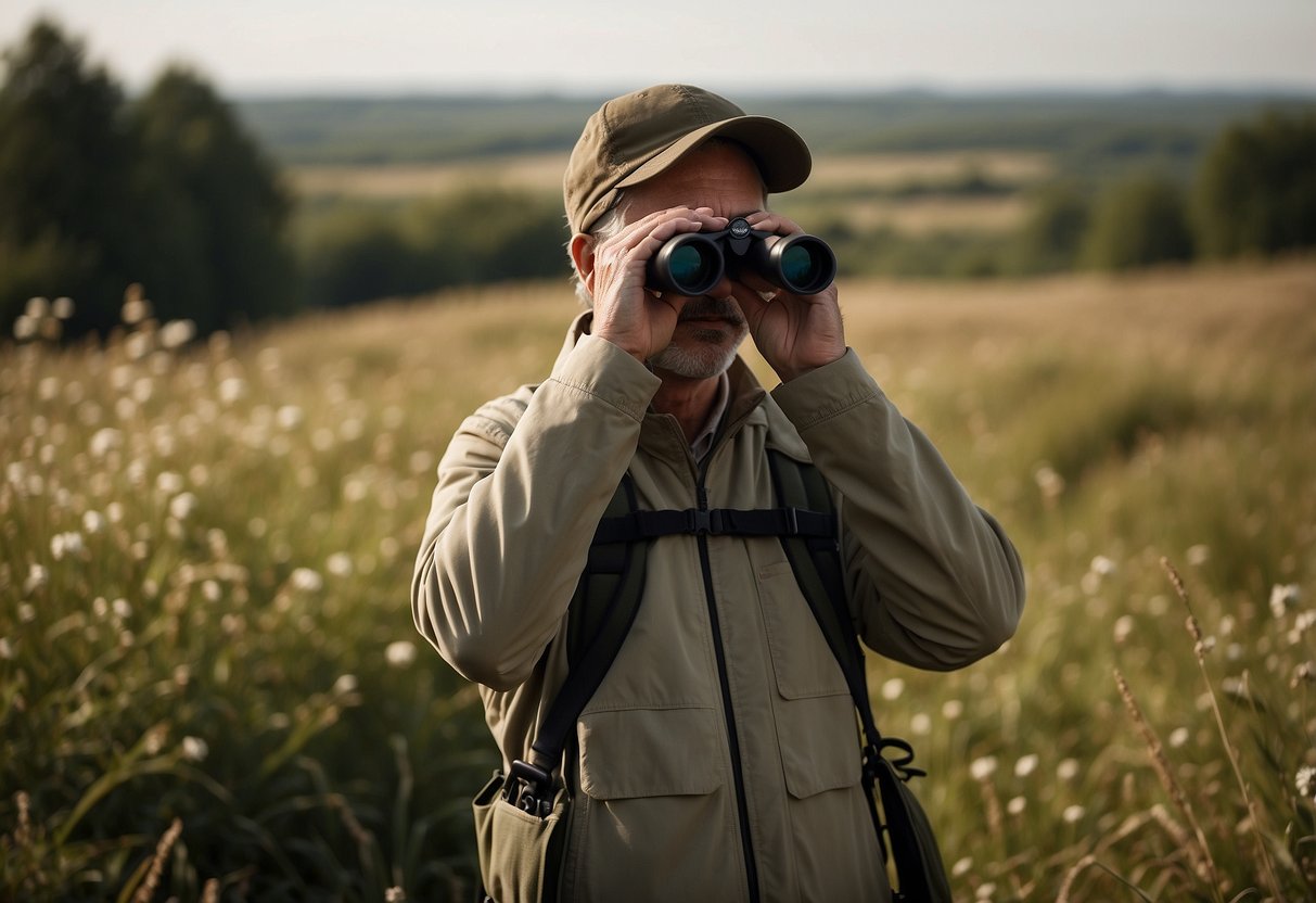 A birdwatcher in neutral colors observes wildlife from a safe distance, using binoculars and a field guide