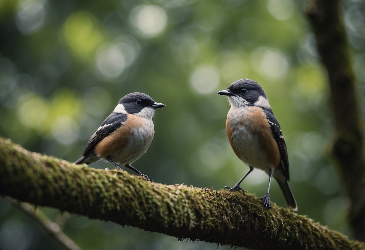 Birds perched in a tranquil forest, surrounded by lush greenery and a gentle breeze. A sense of stillness and peace as they observe the wildlife