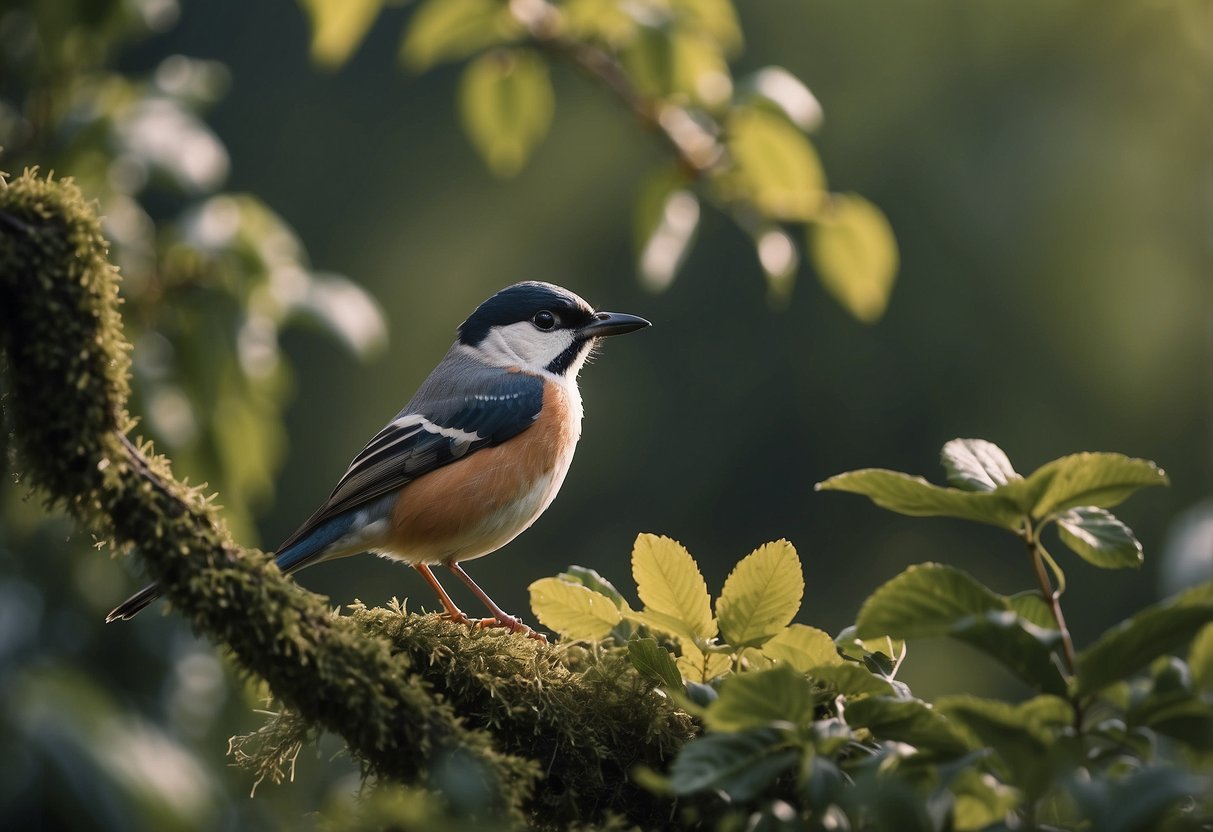 Birds and animals in natural habitat, surrounded by trees and bushes. A variety of wildlife at a safe distance from each other