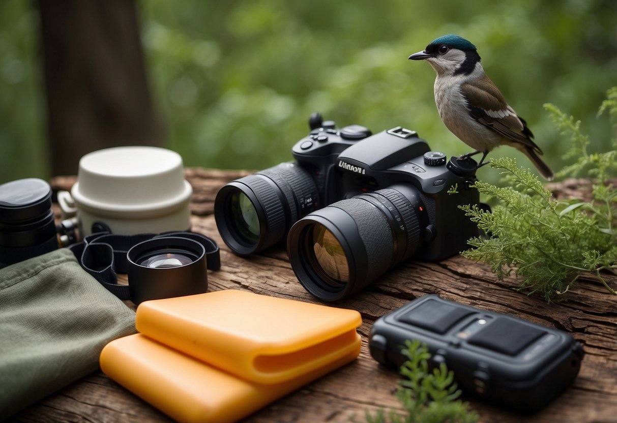 Birdwatching gear laid out: binoculars, field guide, camera, water bottle, hat, sunscreen, and snack. Surrounding trees and bushes, with a bird perched on a branch