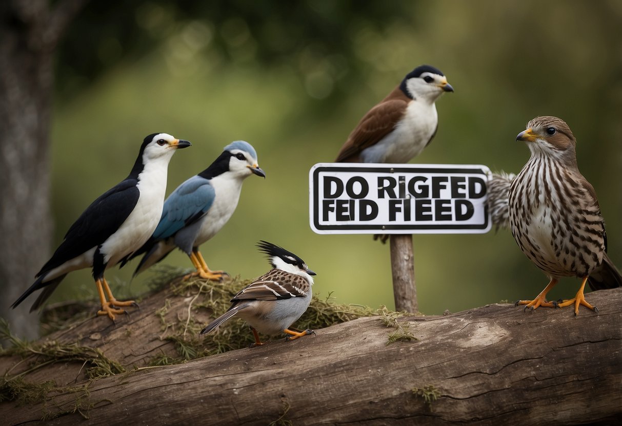 Birds and animals gather around a "Do Not Feed Wildlife" sign. Bird watchers observe from a distance, binoculars in hand