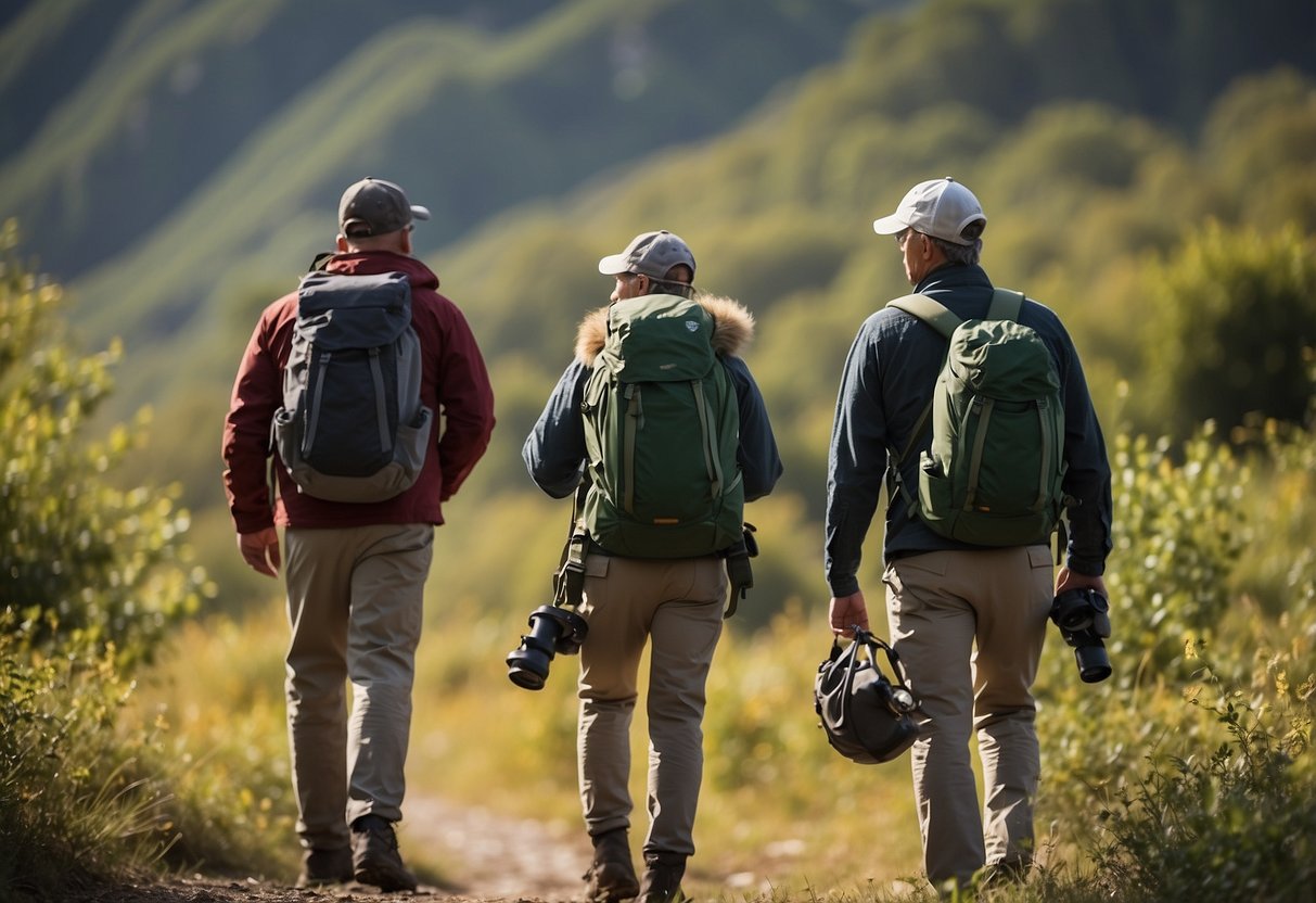 Birdwatchers follow marked paths, avoiding off-trail areas. They quietly observe wildlife, using binoculars and cameras. They respect animals' space