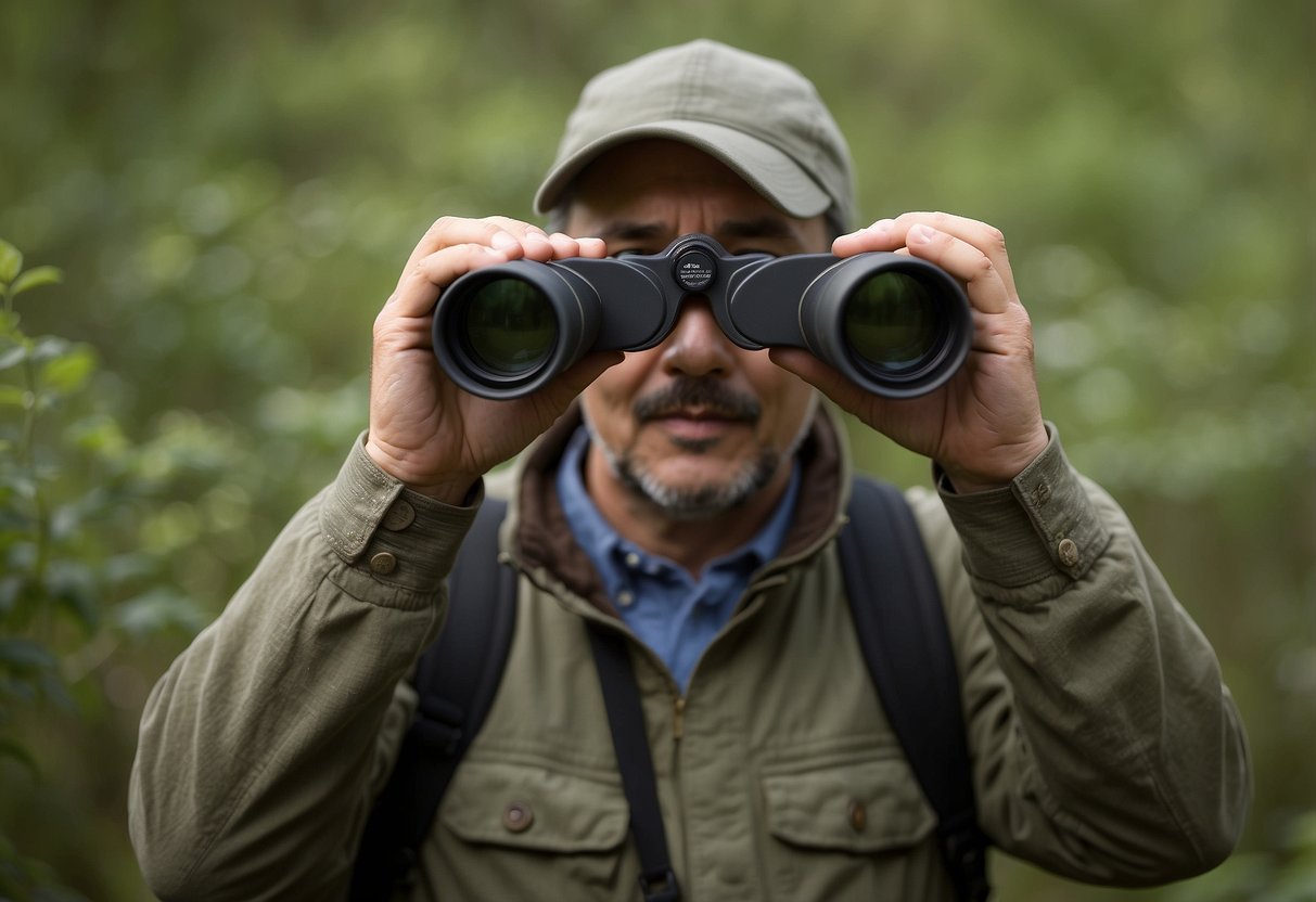 Birdwatcher sets up binoculars, camera, and field guide. Keeps distance from wildlife, avoids disturbing nests. Stays quiet and still, respects natural habitats