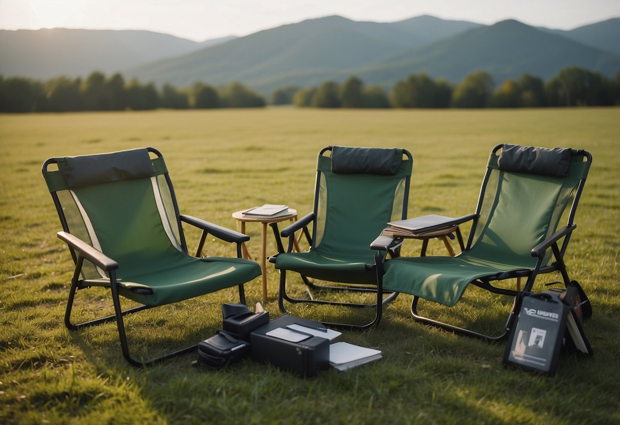 Five lightweight bird watching chairs arranged in a circle on a grassy field, with binoculars and bird identification books placed on each seat