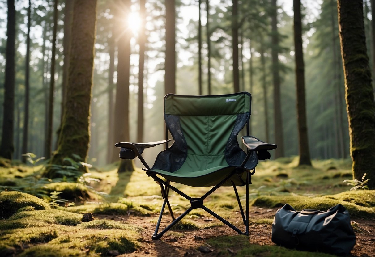 A serene forest clearing with a lightweight Helinox Chair Zero set up, surrounded by tall trees and with a pair of binoculars resting on the seat
