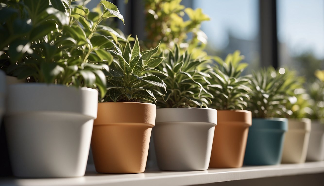 Several plastic plant pots arranged on a sunny windowsill