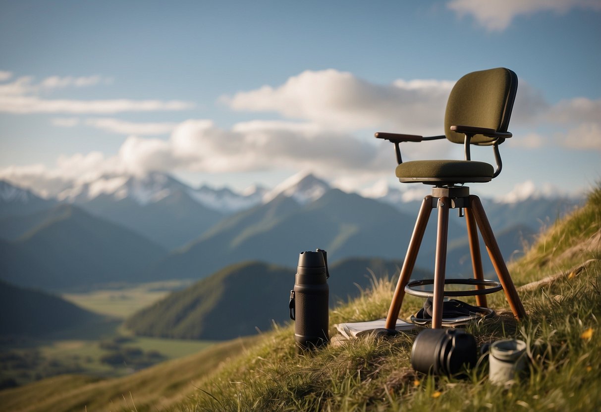 A sturdy, three-legged stool sits atop a grassy hill, with a backdrop of majestic mountains. A pair of binoculars and a bird guidebook rest on the seat