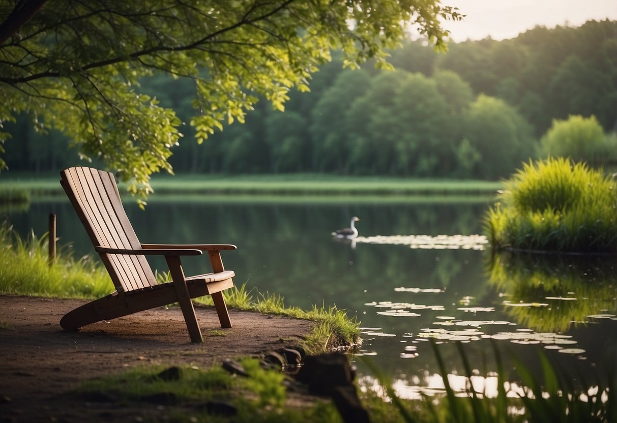 A serene forest clearing with a small, lightweight bird watching chair set up next to a tranquil pond, surrounded by lush greenery and a variety of bird species in the distance