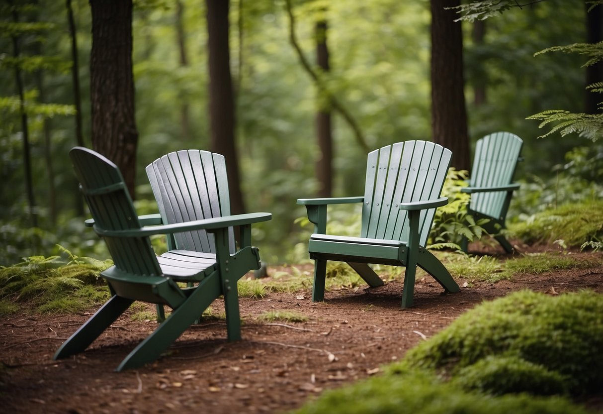 A tranquil forest clearing with 5 lightweight, sturdy chairs positioned for bird watching. Surrounding trees and foliage create a peaceful, natural setting