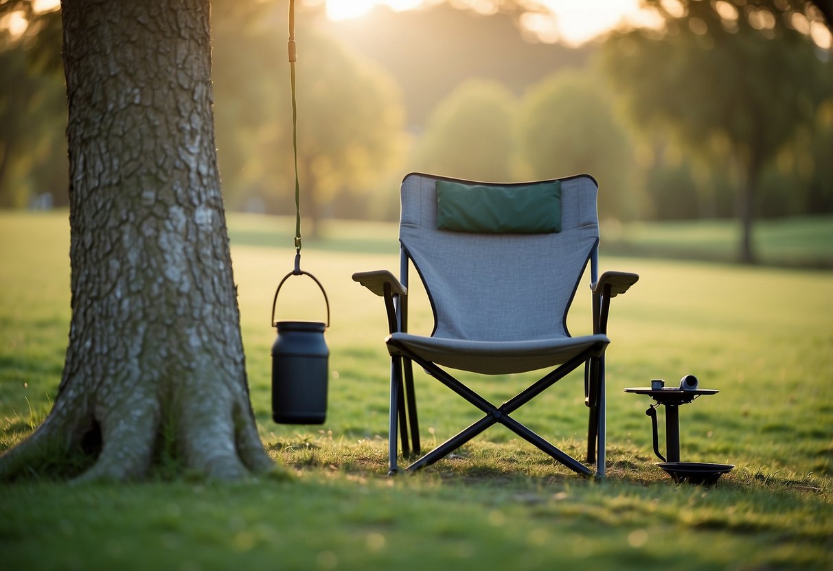 A lightweight bird watching chair being set up in a tranquil outdoor setting, with a bird feeder nearby and binoculars resting on the chair