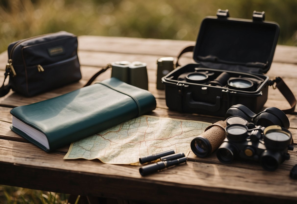 A table with a compass, binoculars, field guide, map, GPS, notebook, pen, bird call, sunscreen, and water bottle